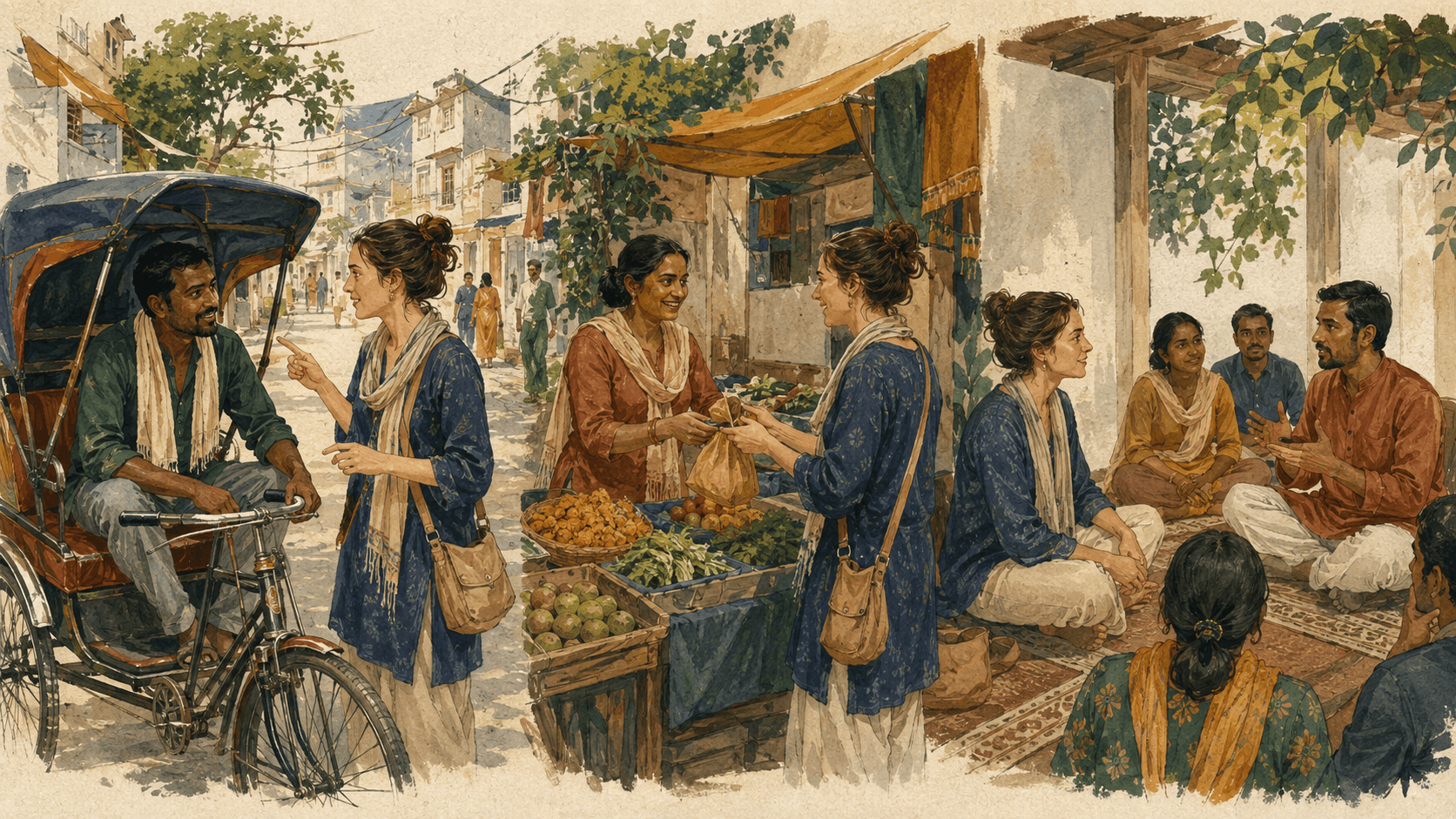 Illustrated sequence of a learner using Hindi for transport, shopping and listening to a talk