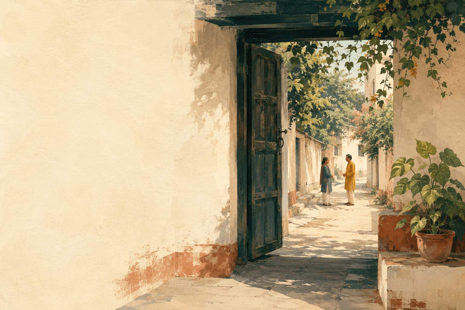 An illustrated Vrindavan doorway opening onto two people in conversation
